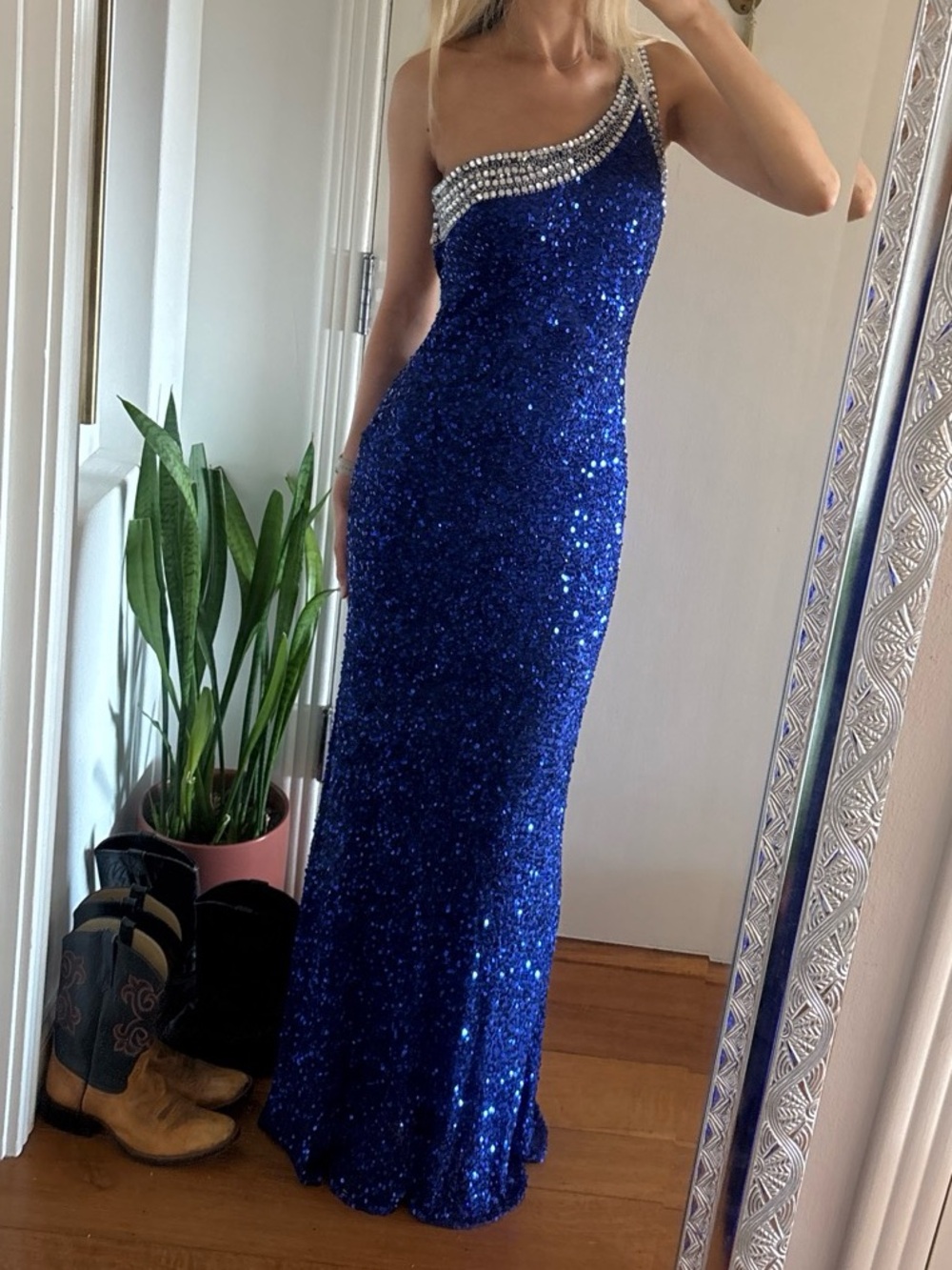 Blue Sequin One-Shoulder Evening Dress
